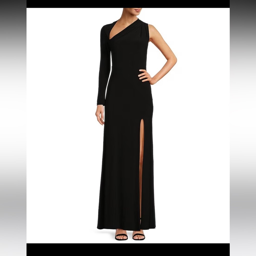 Betsy & Adam One Long Sleeve Asymmetrical Neck Thigh High Slit Stretch Gown -6